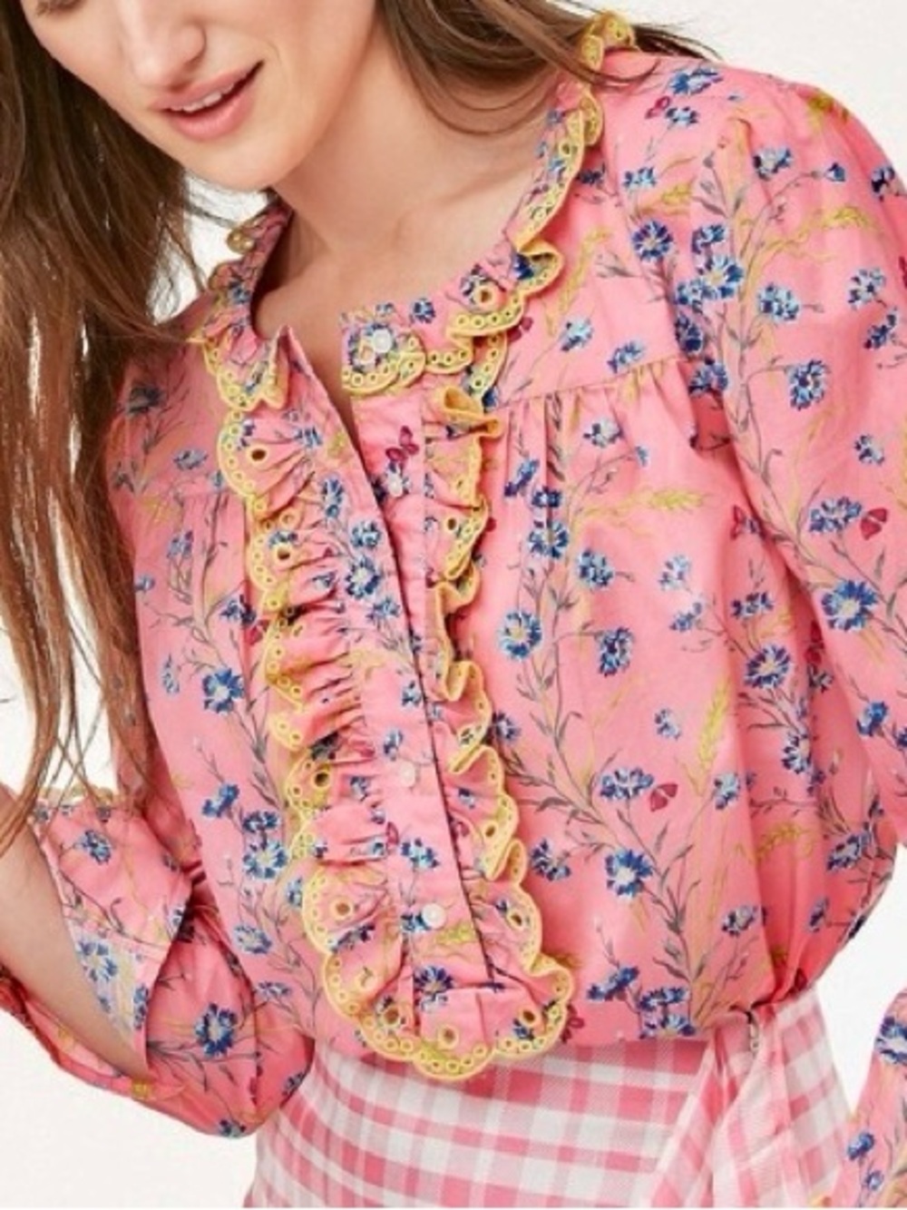 J. Crew Liberty London Pink Floral Ruffled Embroidered Long Sleeve Top Small